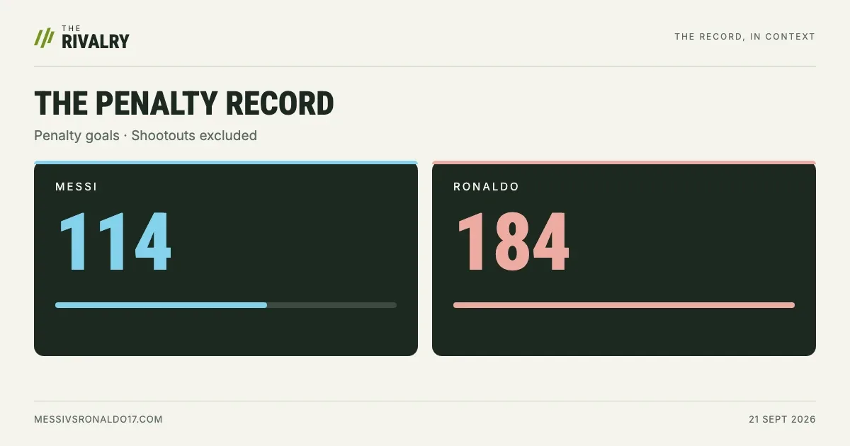 In-match penalty goals at 21 September 2026: Messi 114, Ronaldo 184. Shootouts excluded.